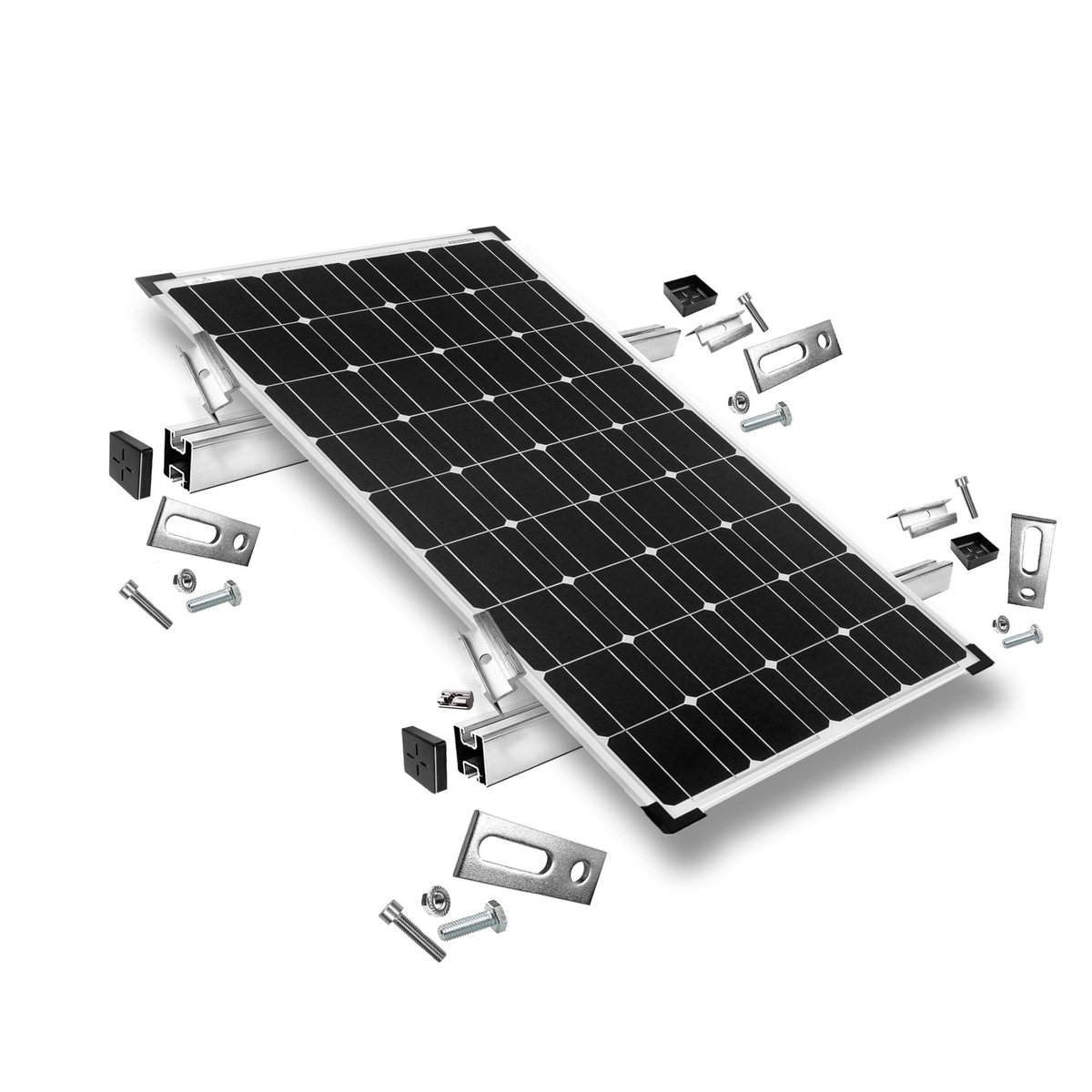 Solar panel mounting rails and installation hardware